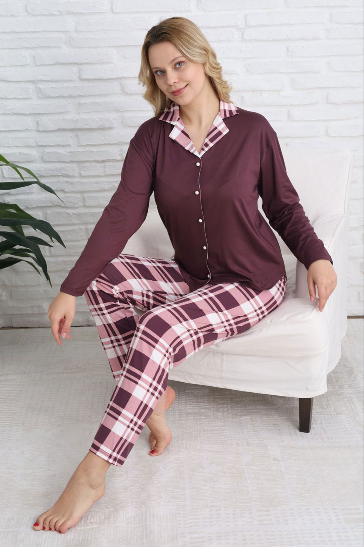 Pijamoni Kadın Pijama Takımı Gömlek Yaka Uzun Kol Milan Ekose Desenli