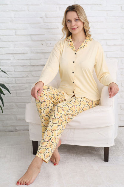 Pijamoni Kadın Pijama Takımı Gömlek Yaka Uzun Kol Milan Meyve Desenli