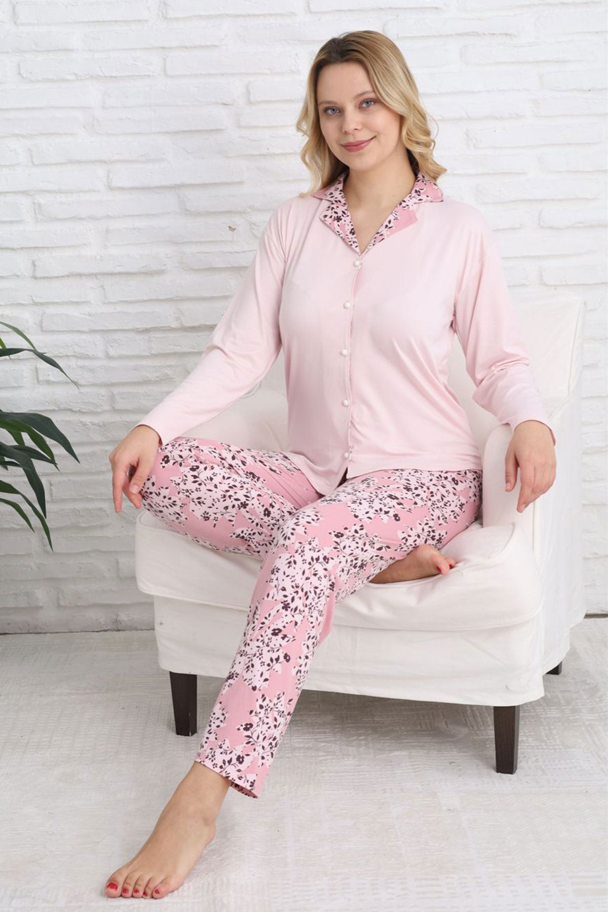 Pijamoni Kadın Pijama Takımı Gömlek Yaka Uzun Kol Milan Yaprak Desenli