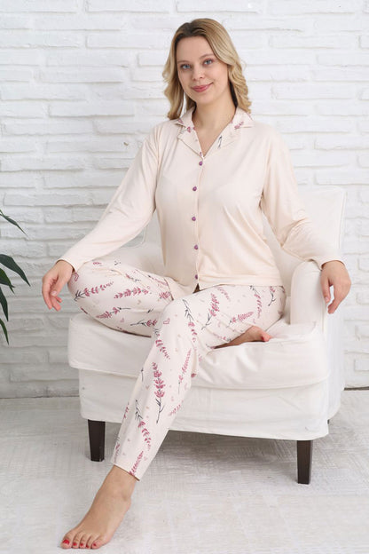 Pijamoni Kadın Pijama Takımı Gömlek Yaka Uzun Kol Milan Yaprak Desenli