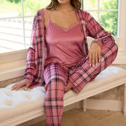 Pijamoni Kadın Pijama Takımı İp Askılı Ekoseli Kadife Sabahlıklı Büyük Beden