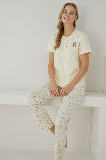 Pijamoni Kadın Pijama Takımı Kısa Kollu Desenli Düğmeli Pamuklu