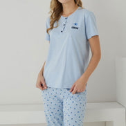 Pijamoni Kadın Pijama Takımı Kısa Kollu Desenli Düğmeli Pamuklu