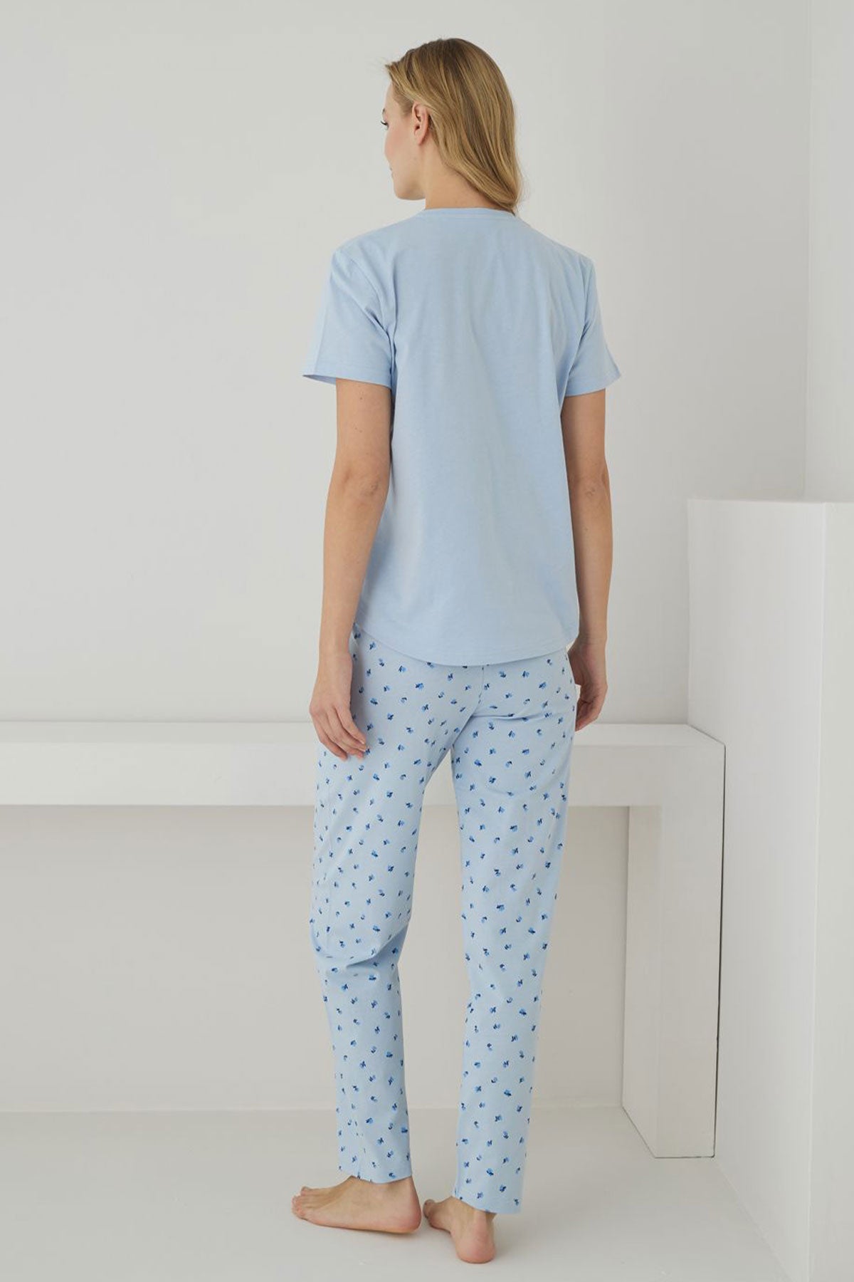Pijamoni Kadın Pijama Takımı Kısa Kollu Desenli Düğmeli Pamuklu