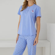 Pijamoni Kadın Pijama Takımı Kısa Kollu Desenli Düğmeli Pamuklu