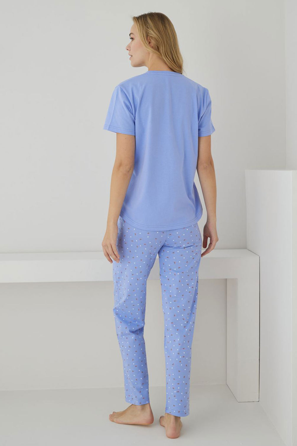 Pijamoni Kadın Pijama Takımı Kısa Kollu Desenli Düğmeli Pamuklu