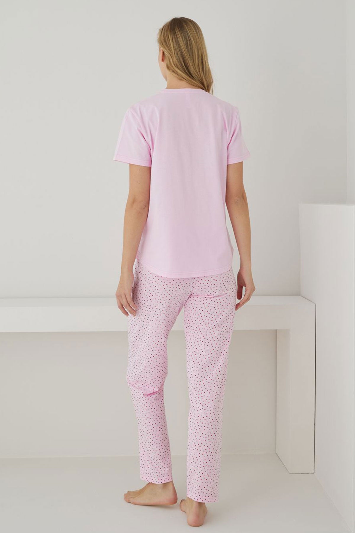 Pijamoni Kadın Pijama Takımı Kısa Kollu Desenli Düğmeli Pamuklu