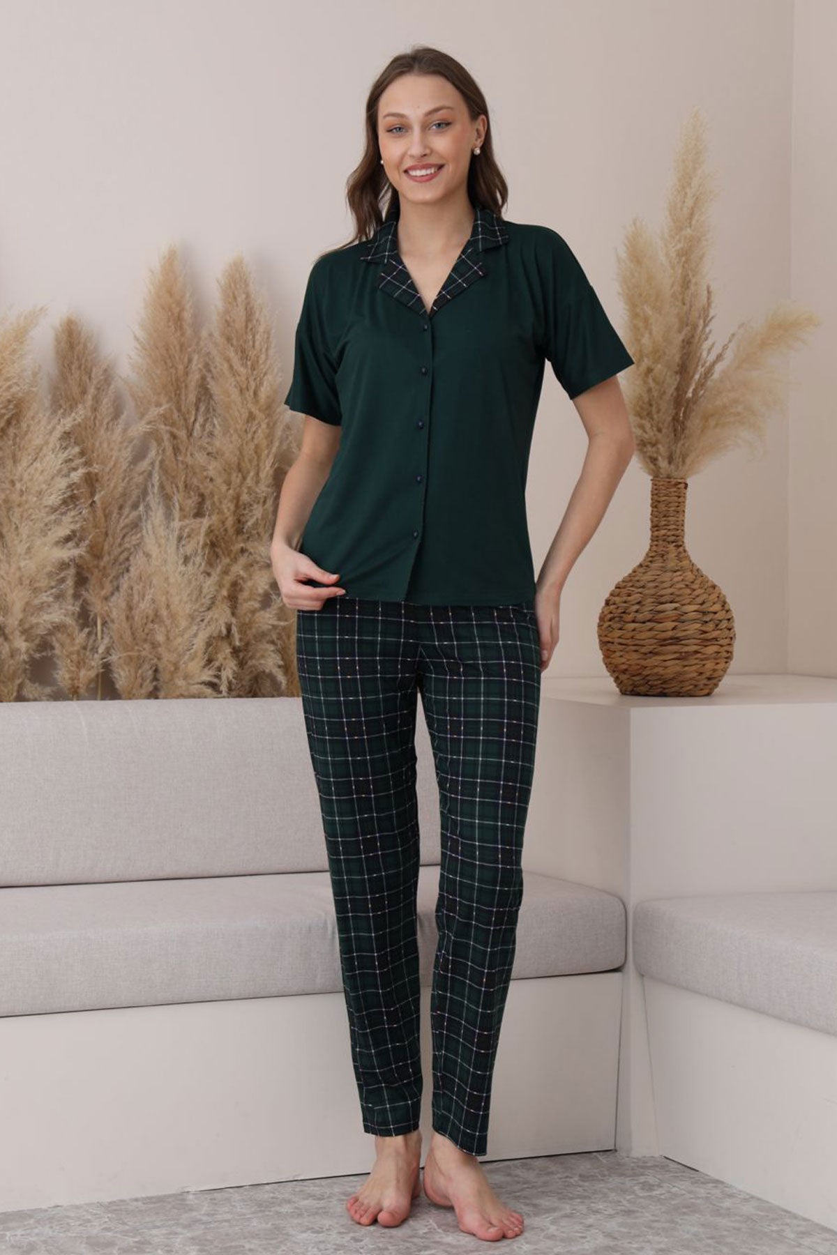 Pijamoni Kadın Pijama Takımı Kısa Kollu Gömlek Yaka Ekose Milan Kumaş