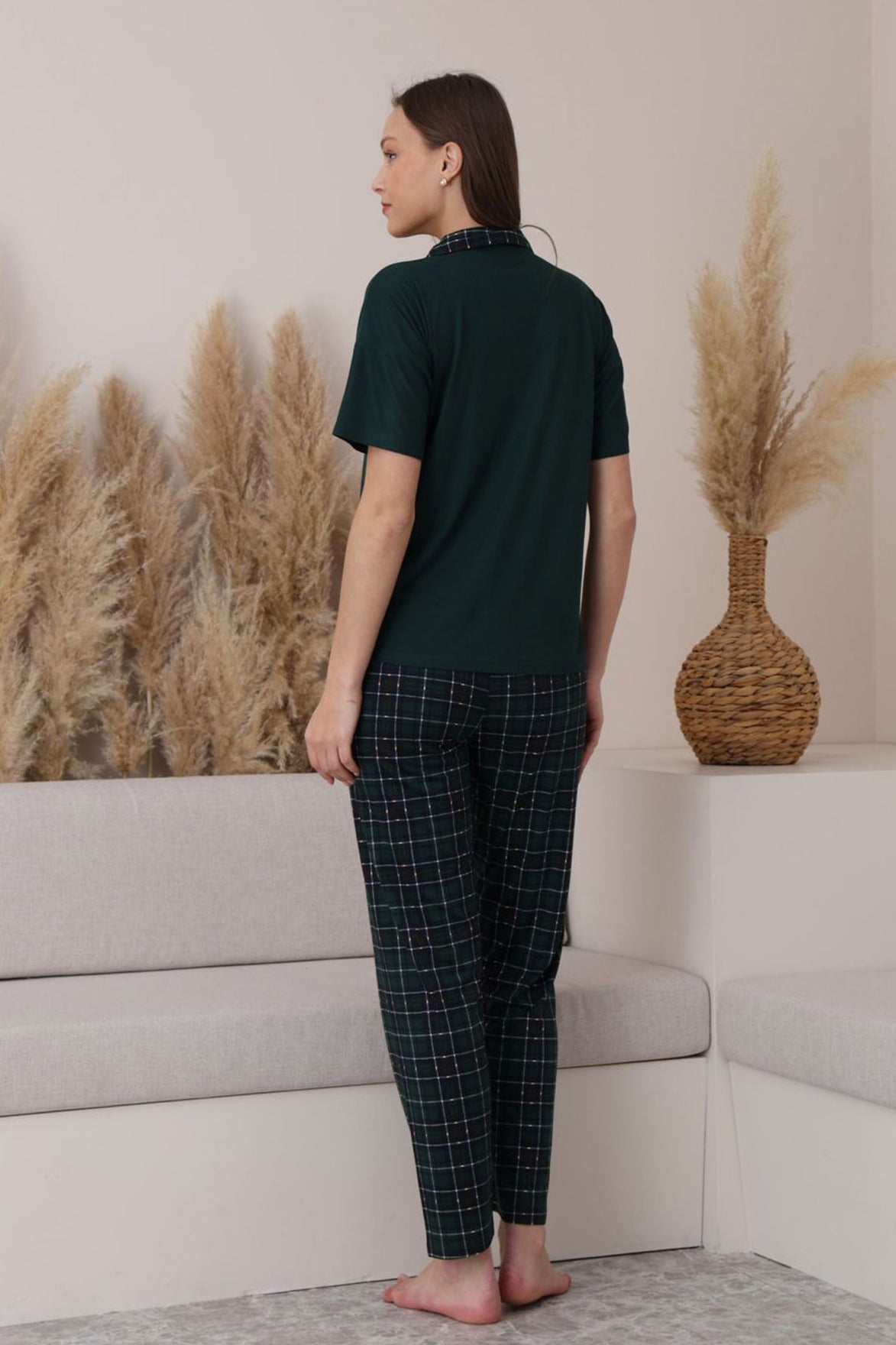 Pijamoni Kadın Pijama Takımı Kısa Kollu Gömlek Yaka Ekose Milan Kumaş
