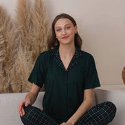 Pijamoni Kadın Pijama Takımı Kısa Kollu Gömlek Yaka Ekose Milan Kumaş