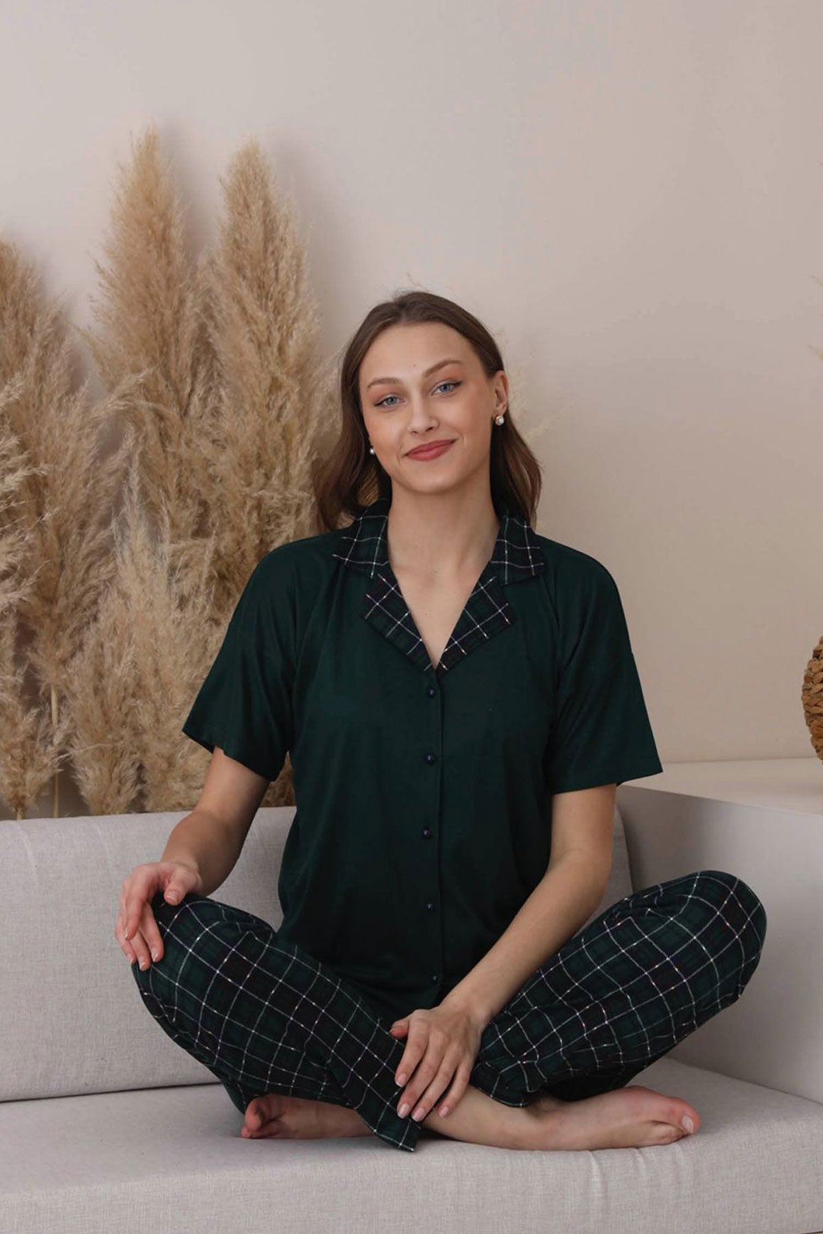 Pijamoni Kadın Pijama Takımı Kısa Kollu Gömlek Yaka Ekose Milan Kumaş