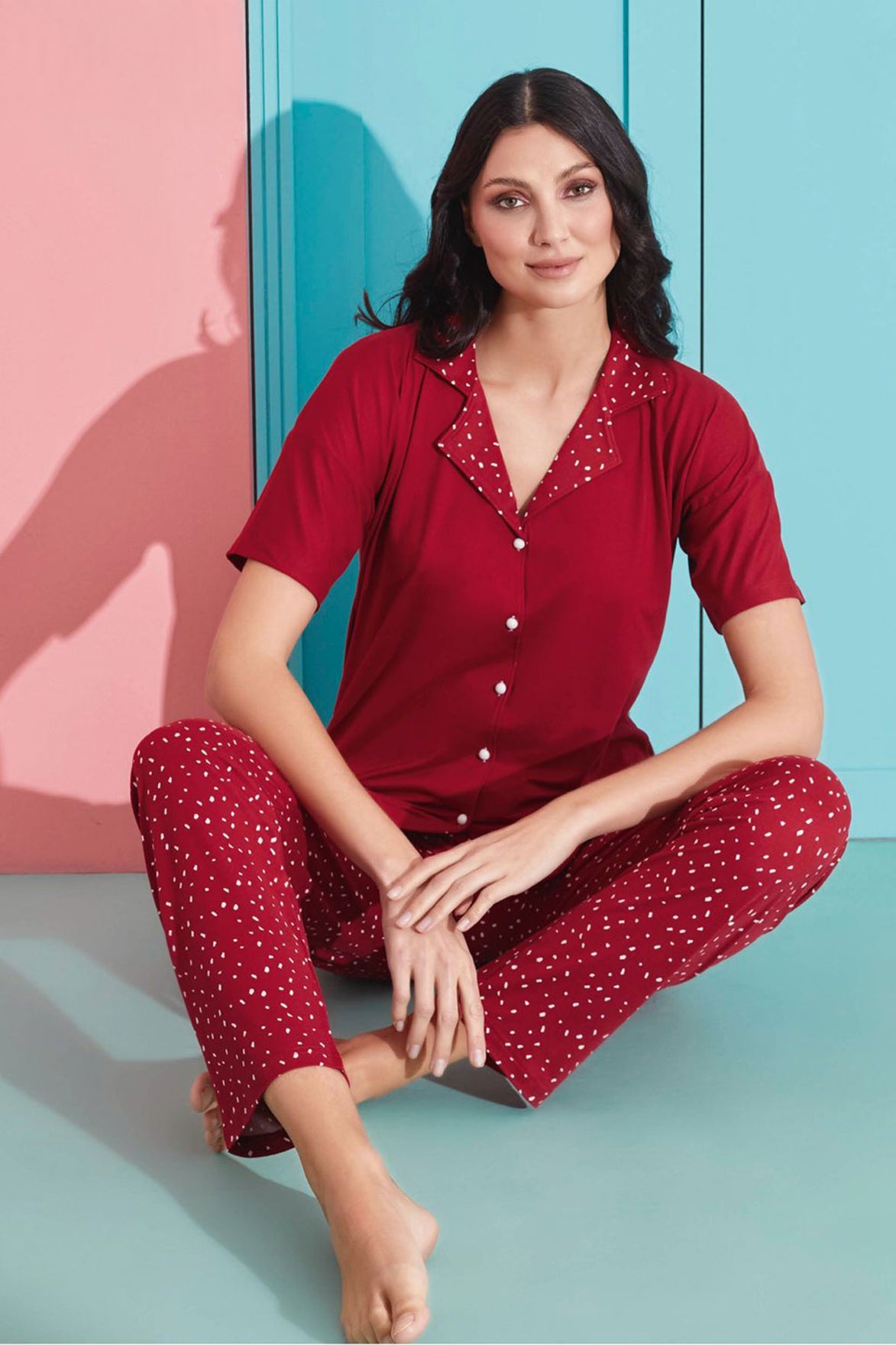 Pijamoni Kadın Pijama Takımı Kısa Kollu Gömlek Yaka Milan Kumaş