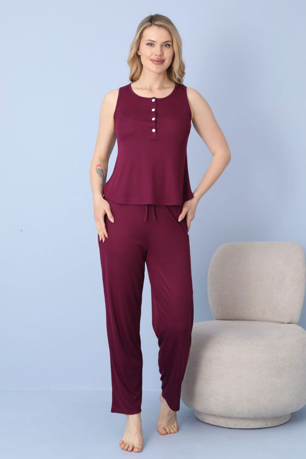 Pijamoni Kadın Pijama Takımı Sıfır Kollu Dublin Kumaş Düğmeli