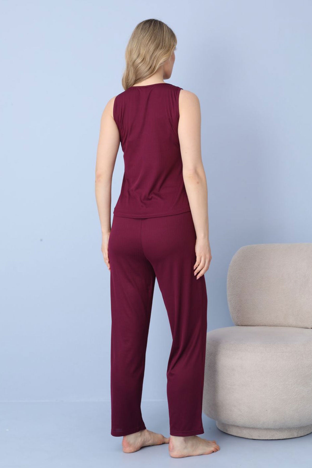 Pijamoni Kadın Pijama Takımı Sıfır Kollu Dublin Kumaş Düğmeli