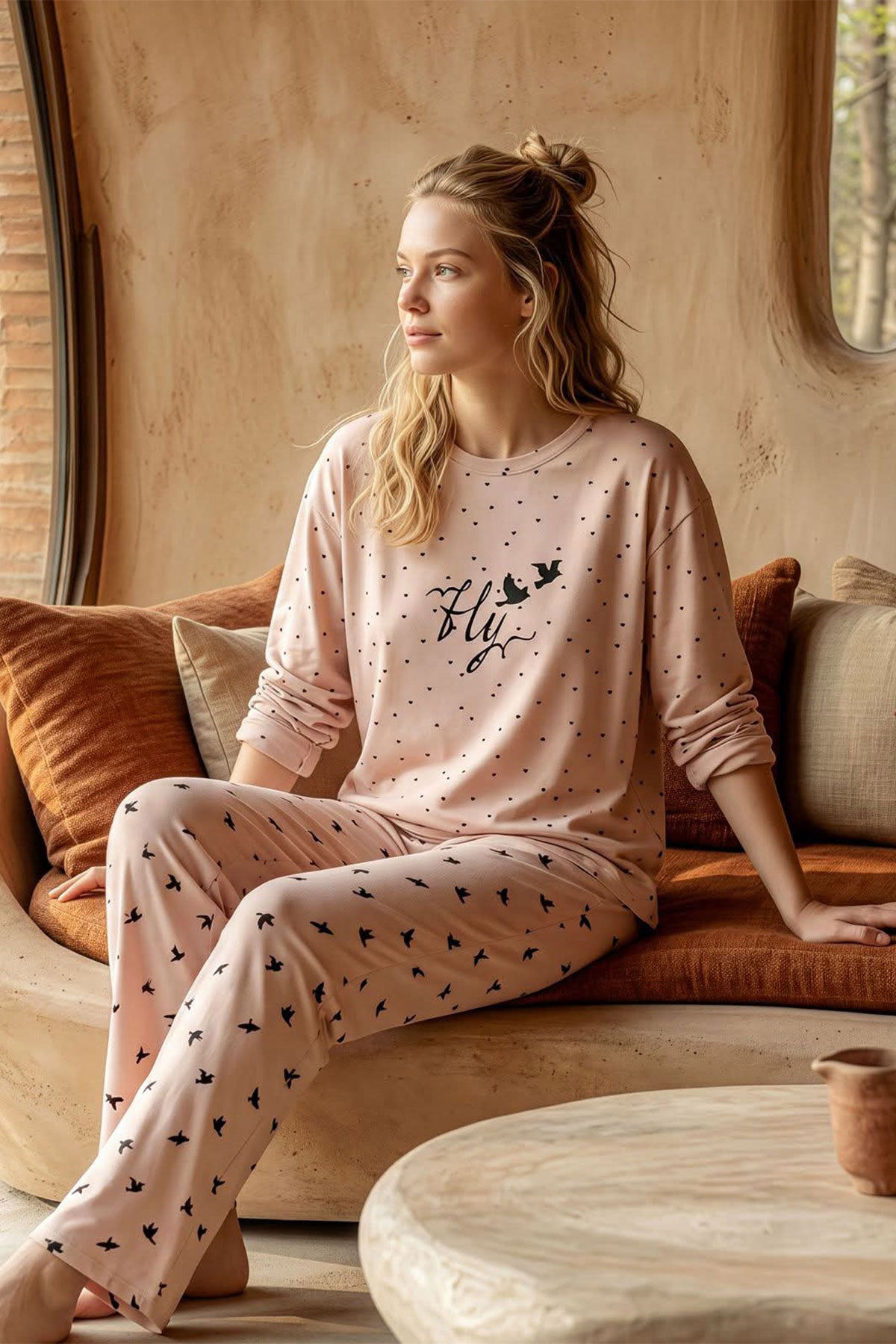 Pijamoni Kadın Pijama Takımı Uzun Kol Yuvarlak Yaka Likralı Pamuklu Desenli