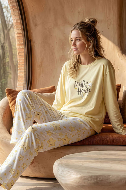 Pijamoni Kadın Pijama Takımı Uzun Kol Yuvarlak Yaka Likralı Pamuklu Yıldız Baskılı