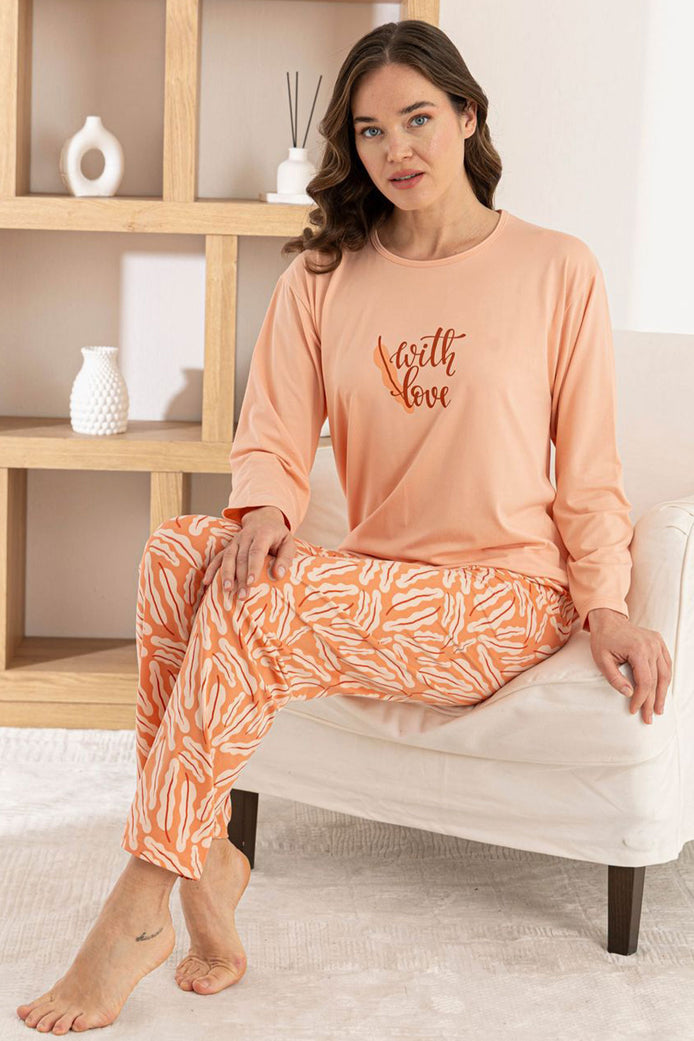 Pijamoni Kadın Pijama Takımı Uzun Kol Yuvarlak Yaka Milan Desenli