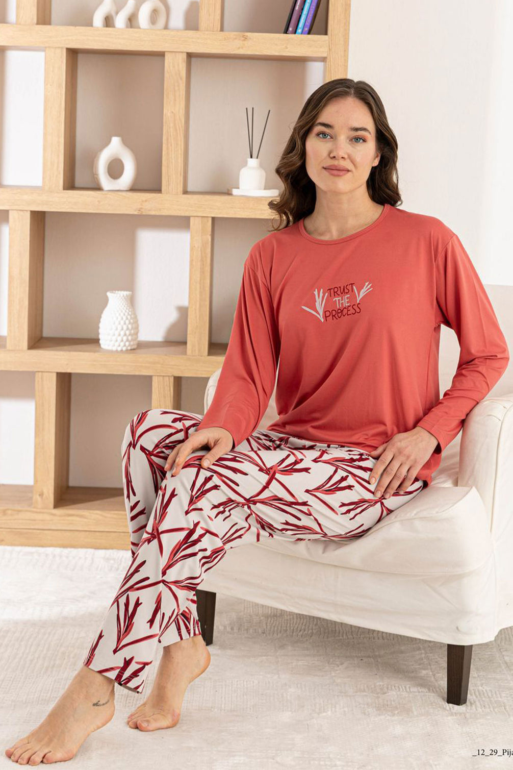 Pijamoni Kadın Pijama Takımı Uzun Kol Yuvarlak Yaka Milan Desenli