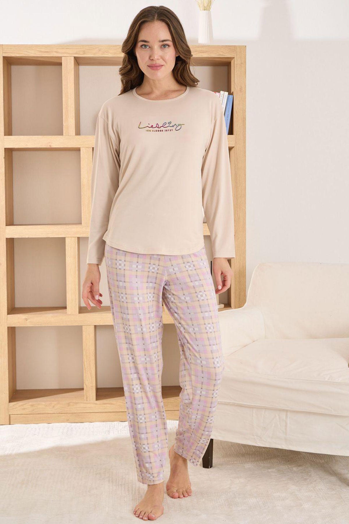 Pijamoni Kadın Pijama Takımı Uzun Kol Yuvarlak Yaka Milan Ekose Desenli