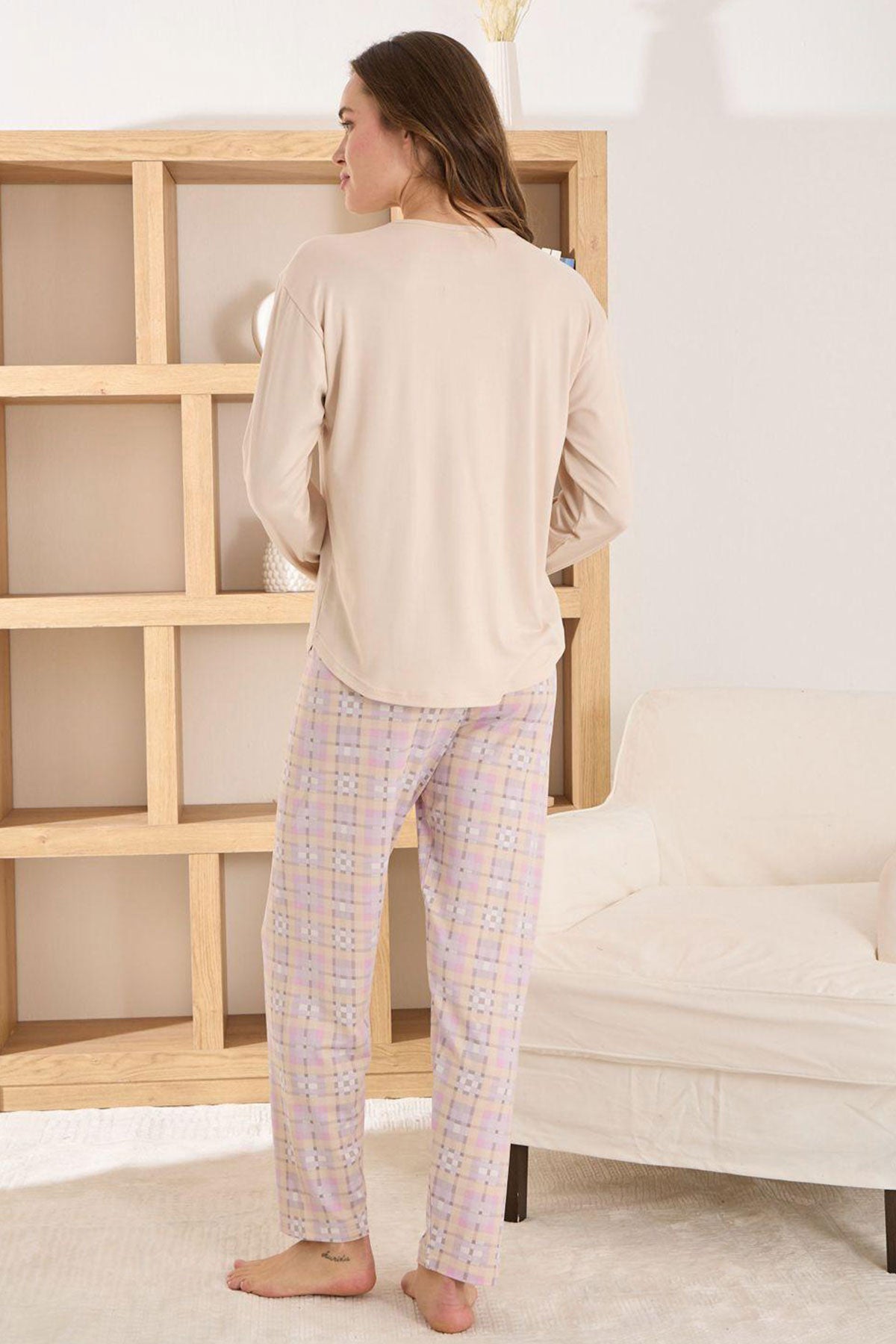 Pijamoni Kadın Pijama Takımı Uzun Kol Yuvarlak Yaka Milan Ekose Desenli