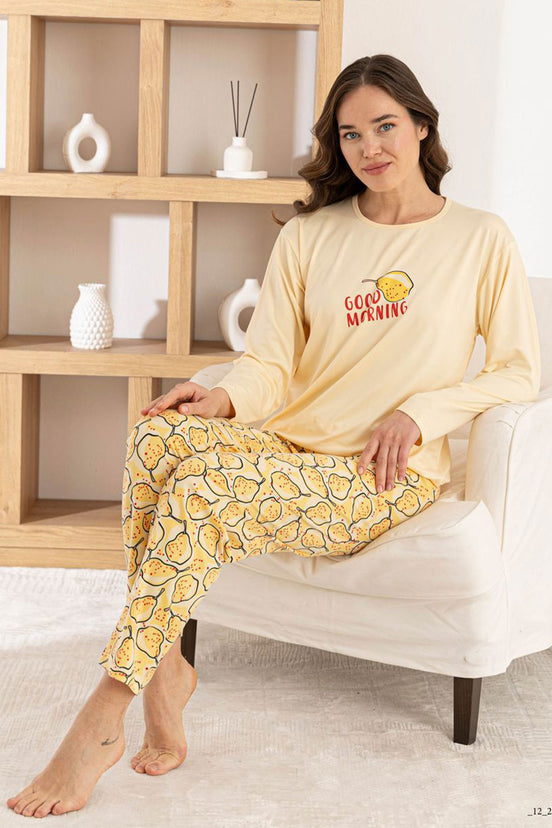 Pijamoni Kadın Pijama Takımı Uzun Kol Yuvarlak Yaka Milan Good Morning Yazılı