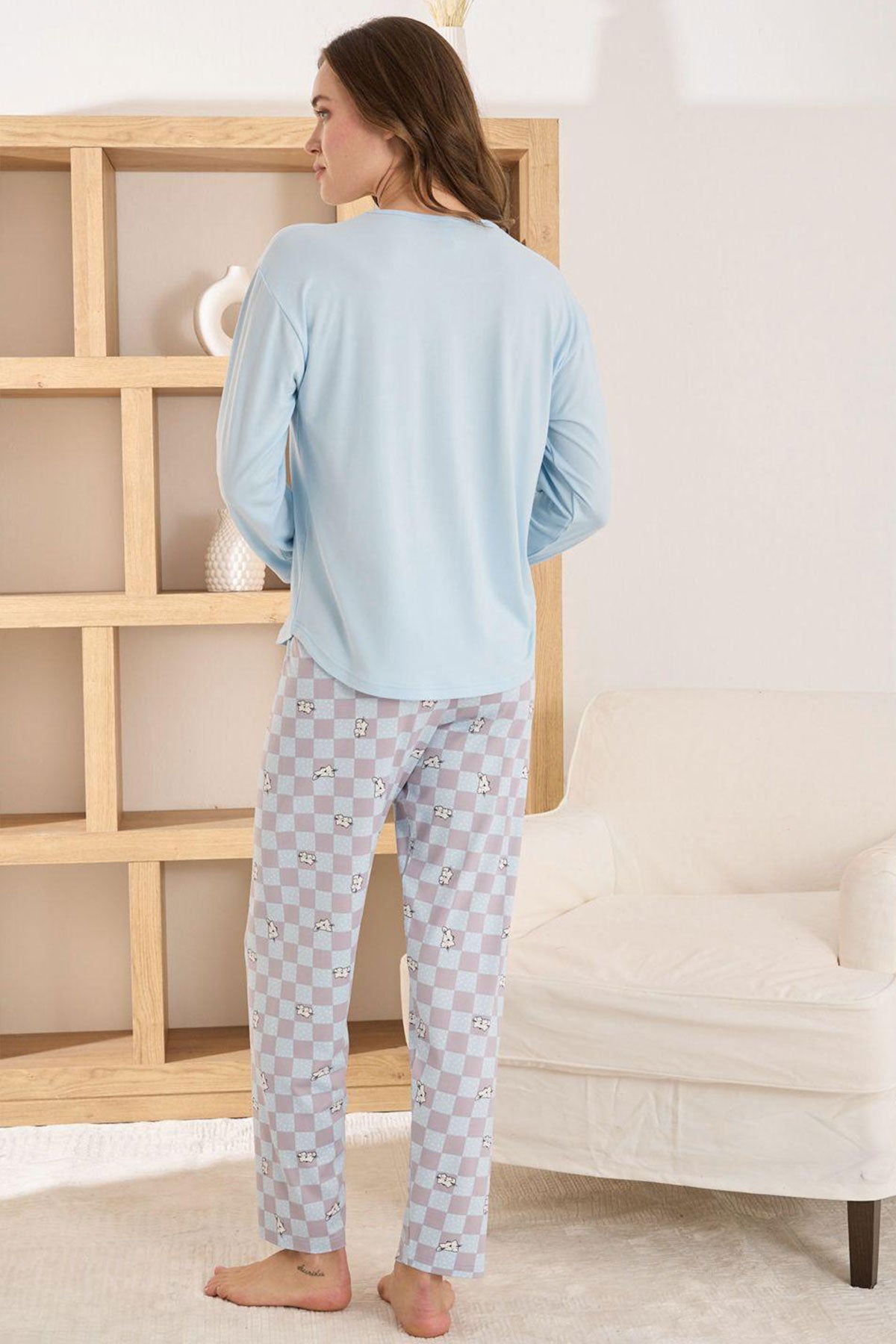 Pijamoni Kadın Pijama Takımı Uzun Kol Yuvarlak Yaka Milan Kedi Desenli