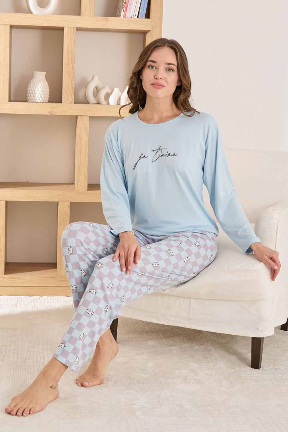 Pijamoni Kadın Pijama Takımı Uzun Kol Yuvarlak Yaka Milan Kedi Desenli