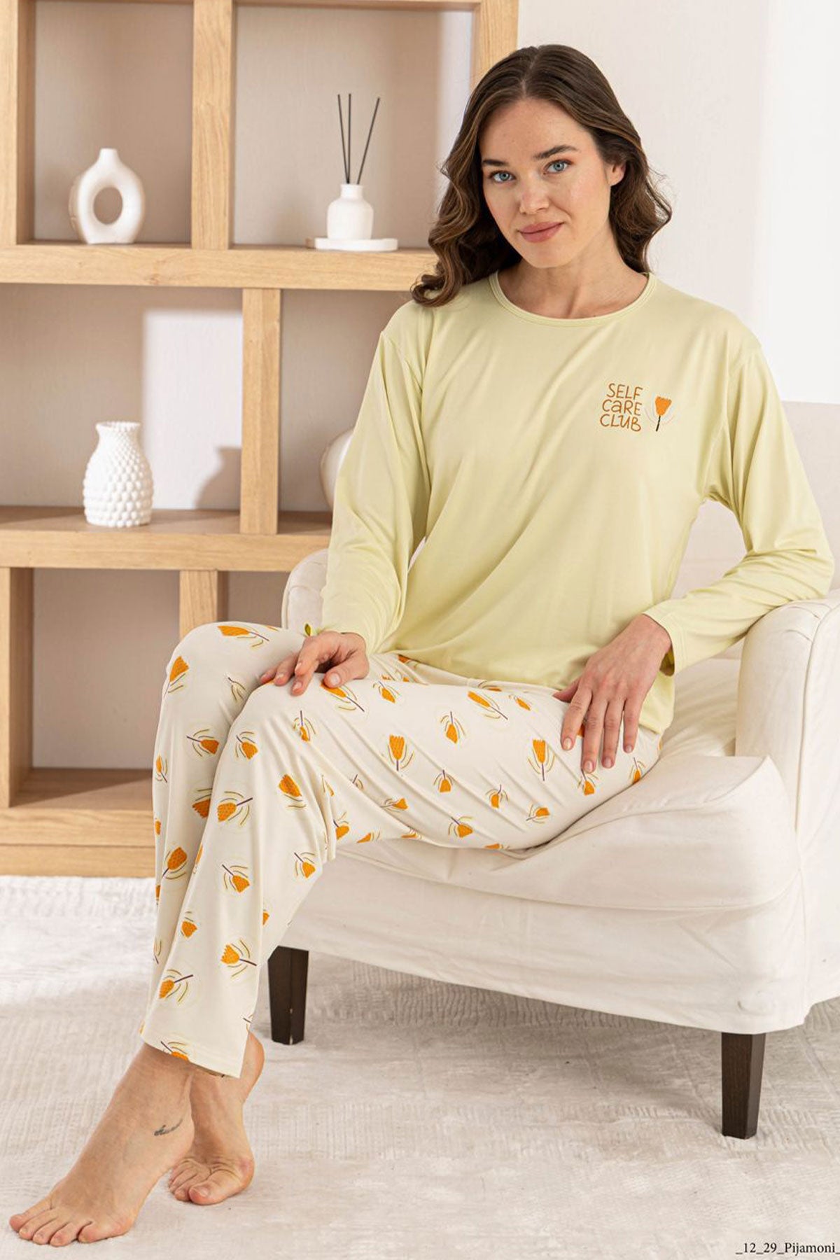 Pijamoni Kadın Pijama Takımı Uzun Kol Yuvarlak Yaka Milan Lale Baskılı