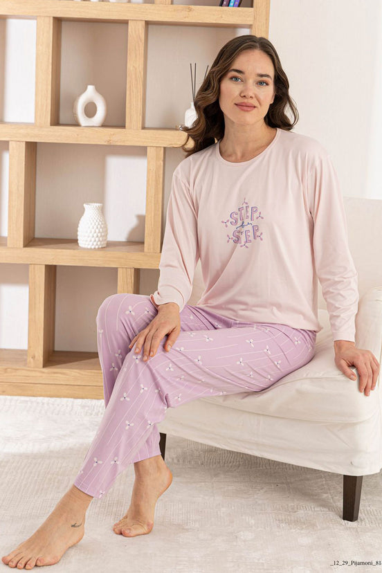 Pijamoni Kadın Pijama Takımı Uzun Kol Yuvarlak Yaka Milan Step Yazılı