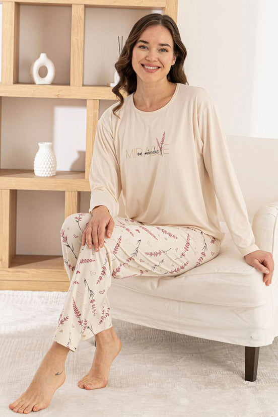 Pijamoni Kadın Pijama Takımı Uzun Kol Yuvarlak Yaka Milan Yaprak Baskılı