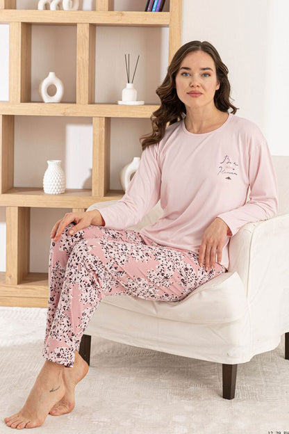 Pijamoni Kadın Pijama Takımı Uzun Kol Yuvarlak Yaka Milan Yaprak Desenli