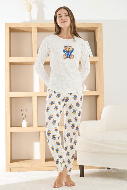 Pijamoni Kadın Pijama Takımı Uzun Kollu Bisiklet Yaka Berlin Raporlu Ayıcık Desenli