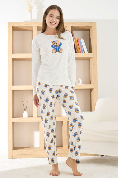 Pijamoni Kadın Pijama Takımı Uzun Kollu Bisiklet Yaka Berlin Raporlu Ayıcık Desenli