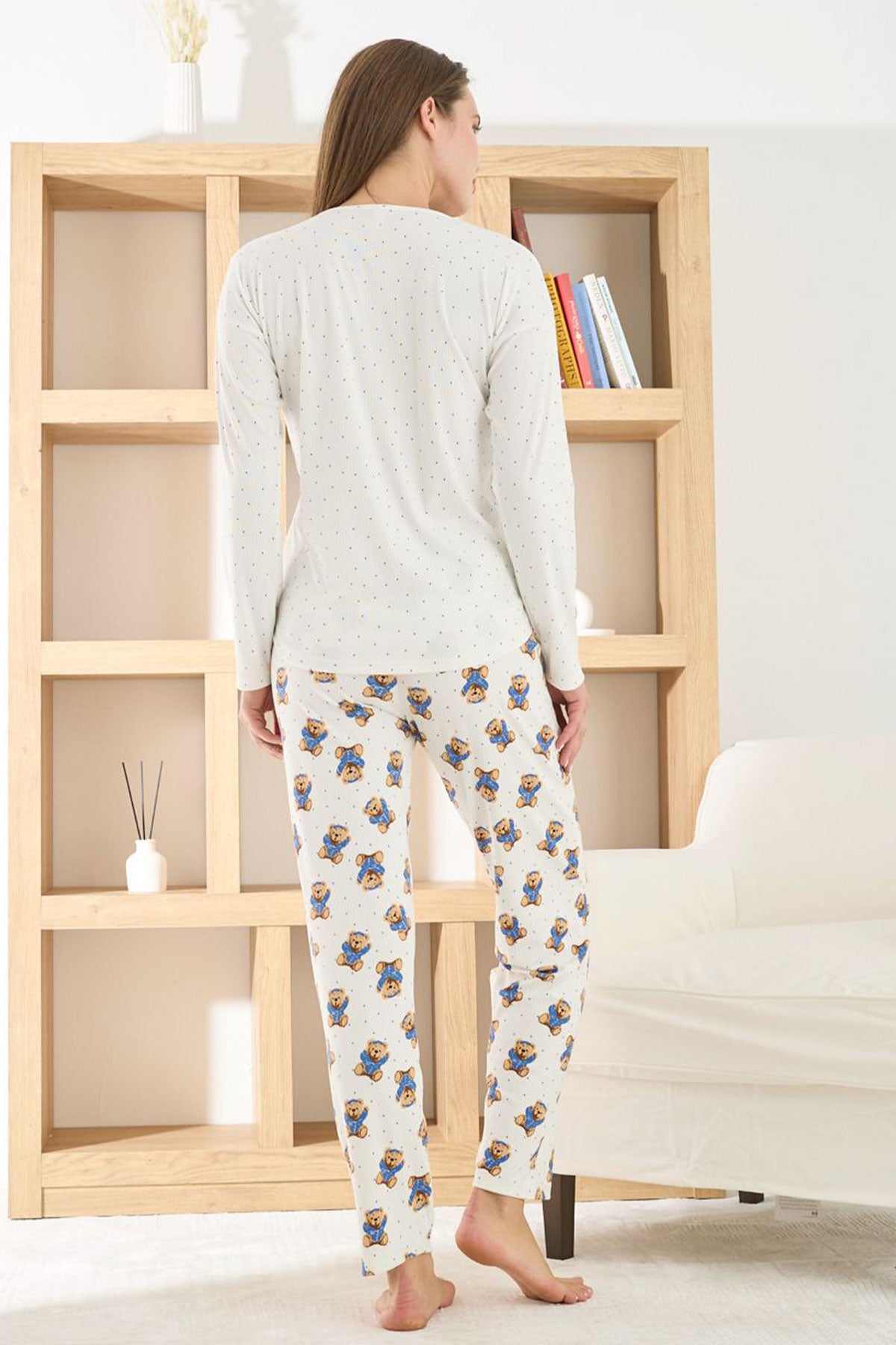 Pijamoni Kadın Pijama Takımı Uzun Kollu Bisiklet Yaka Berlin Raporlu Ayıcık Desenli
