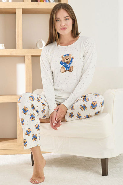 Pijamoni Kadın Pijama Takımı Uzun Kollu Bisiklet Yaka Berlin Raporlu Ayıcık Desenli