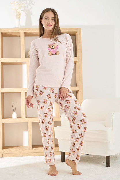 Pijamoni Kadın Pijama Takımı Uzun Kollu Bisiklet Yaka Berlin Raporlu Ayıcık Desenli
