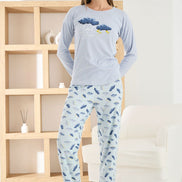 Pijamoni Kadın Pijama Takımı Uzun Kollu Bisiklet Yaka Berlin Raporlu Bulut Desenli