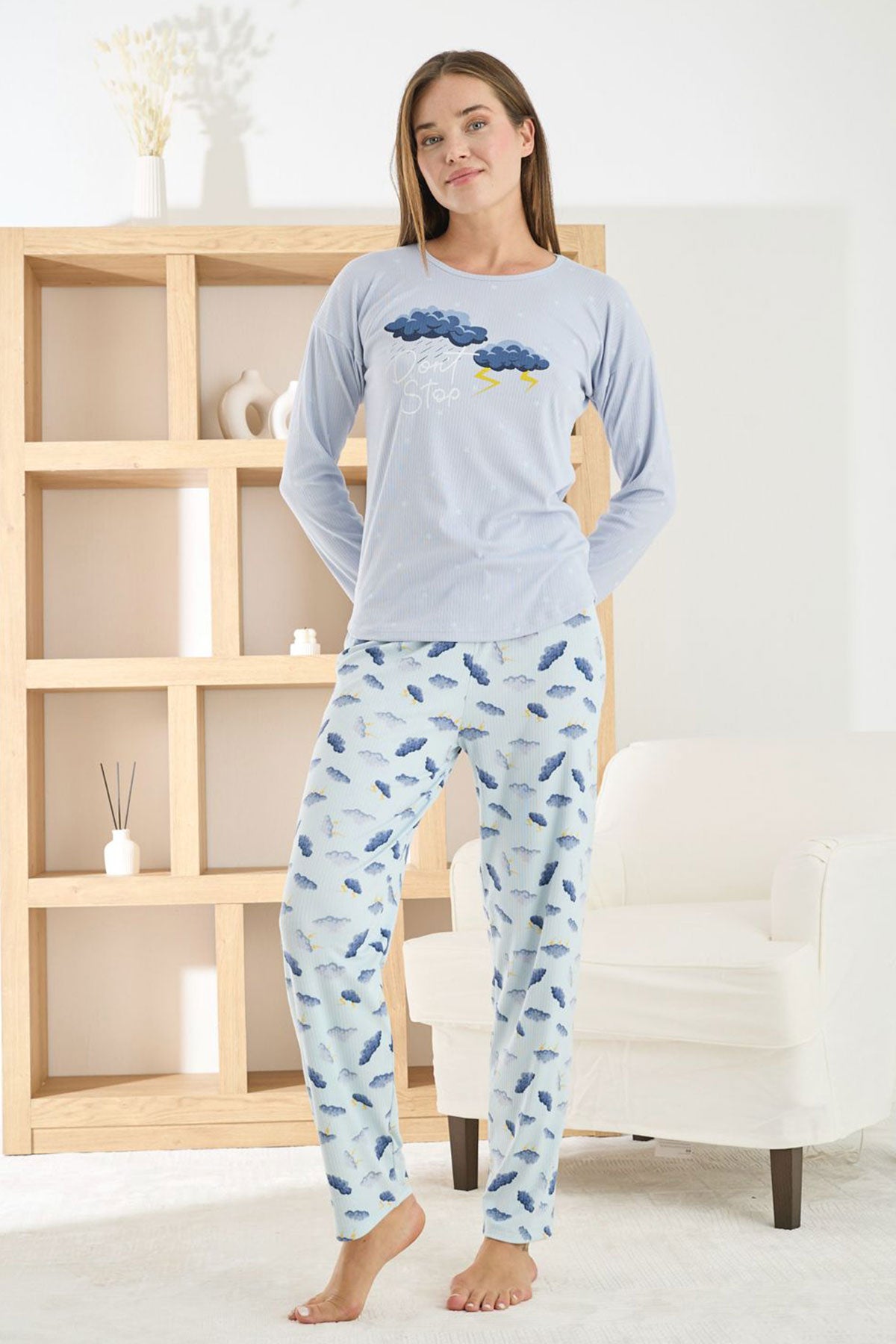 Pijamoni Kadın Pijama Takımı Uzun Kollu Bisiklet Yaka Berlin Raporlu Bulut Desenli
