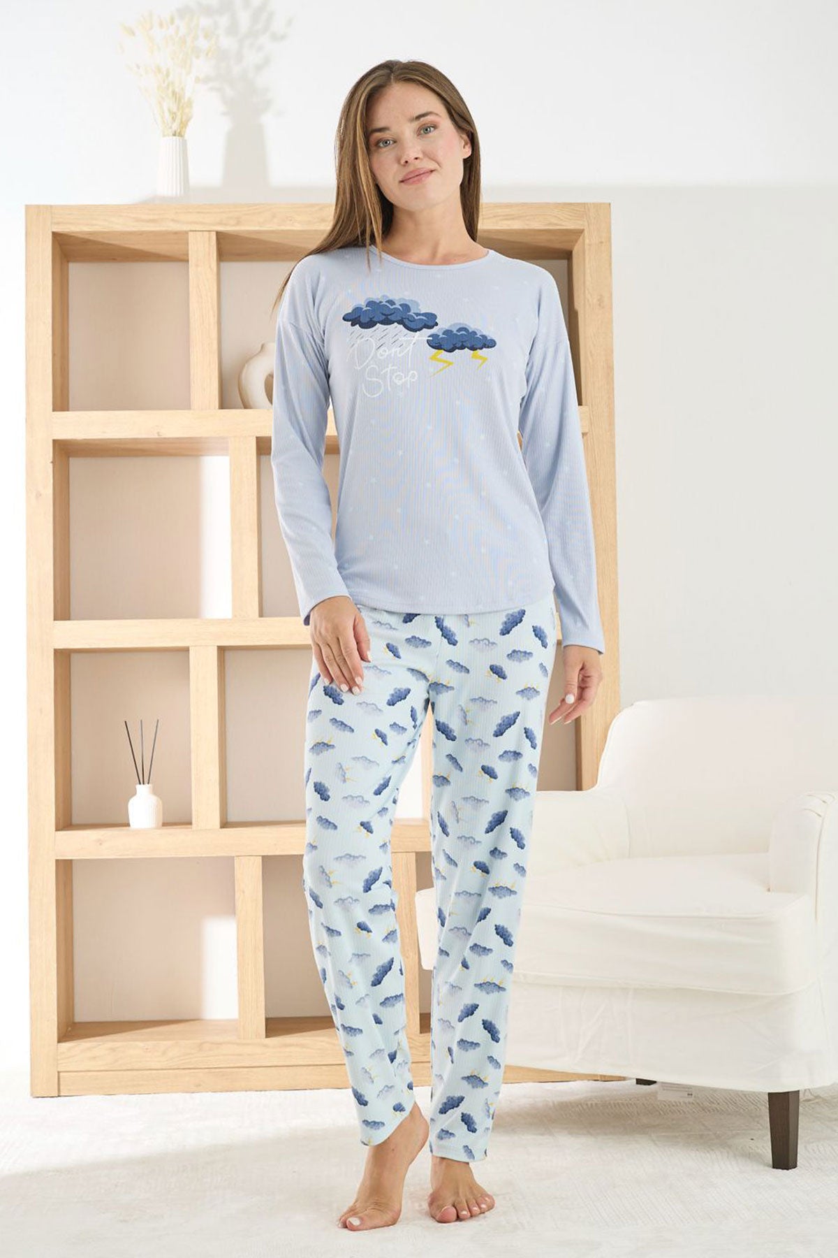 Pijamoni Kadın Pijama Takımı Uzun Kollu Bisiklet Yaka Berlin Raporlu Bulut Desenli