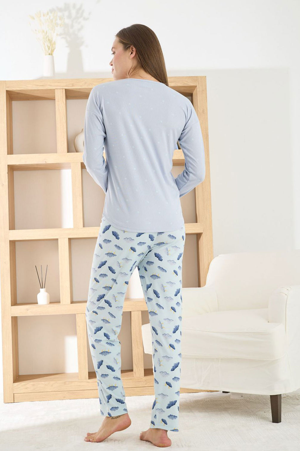 Pijamoni Kadın Pijama Takımı Uzun Kollu Bisiklet Yaka Berlin Raporlu Bulut Desenli