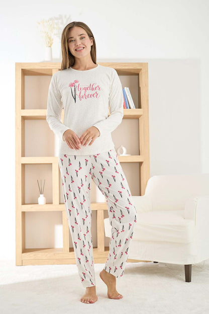 Pijamoni Kadın Pijama Takımı Uzun Kollu Bisiklet Yaka Berlin Raporlu Çiçek Desenli