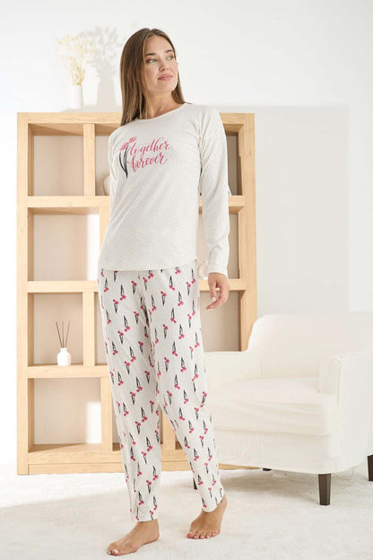 Pijamoni Kadın Pijama Takımı Uzun Kollu Bisiklet Yaka Berlin Raporlu Çiçek Desenli