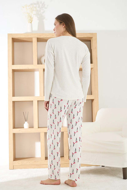 Pijamoni Kadın Pijama Takımı Uzun Kollu Bisiklet Yaka Berlin Raporlu Çiçek Desenli