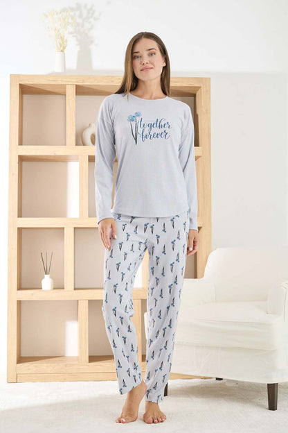 Pijamoni Kadın Pijama Takımı Uzun Kollu Bisiklet Yaka Berlin Raporlu Marin