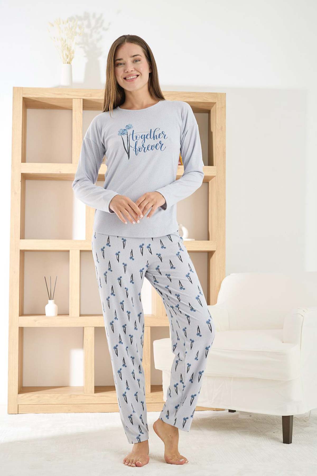 Pijamoni Kadın Pijama Takımı Uzun Kollu Bisiklet Yaka Berlin Raporlu Marin