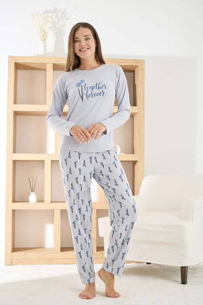 Pijamoni Kadın Pijama Takımı Uzun Kollu Bisiklet Yaka Berlin Raporlu Marin