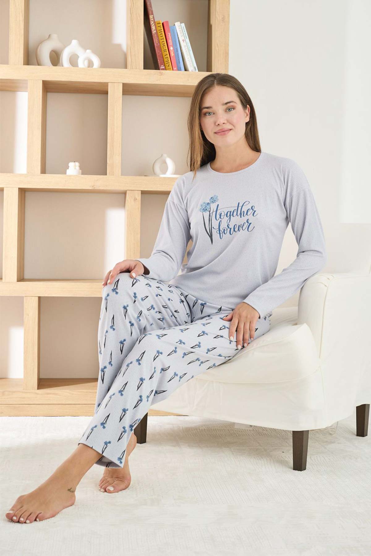 Pijamoni Kadın Pijama Takımı Uzun Kollu Bisiklet Yaka Berlin Raporlu Marin