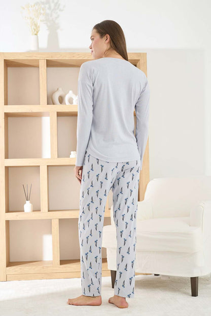 Pijamoni Kadın Pijama Takımı Uzun Kollu Bisiklet Yaka Berlin Raporlu Marin