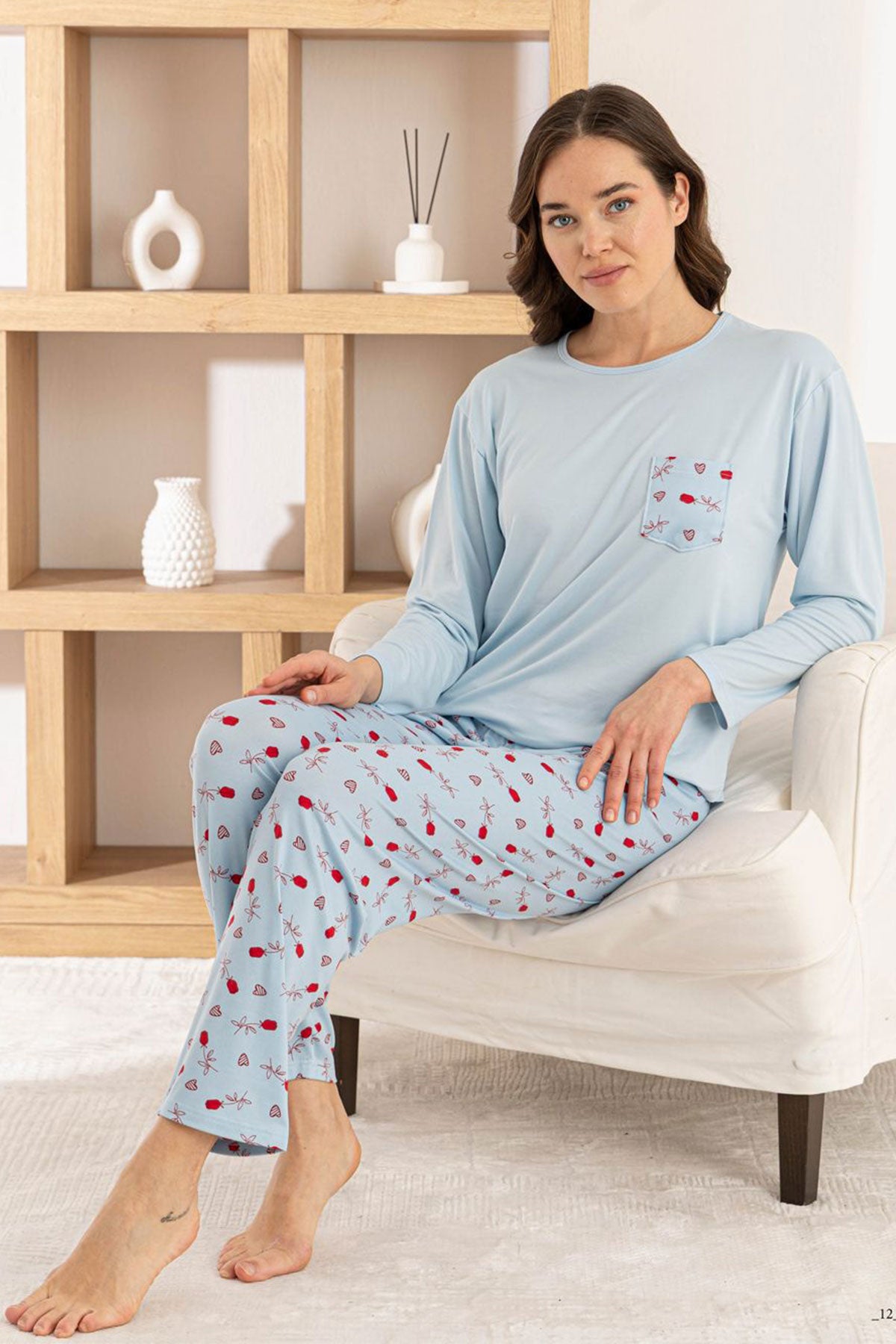 Pijamoni Kadın Pijama Takımı Uzun Kollu Bisiklet Yaka Milan Kalp Desenli