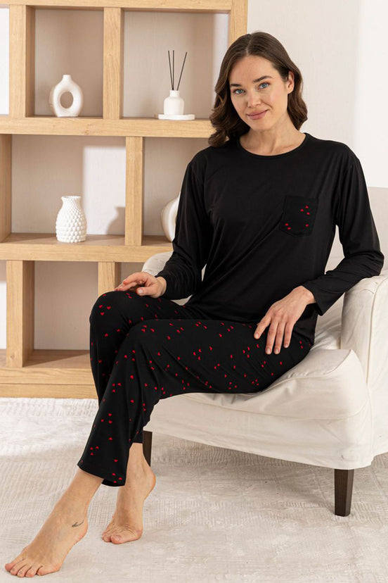 Pijamoni Kadın Pijama Takımı Uzun Kollu Bisiklet Yaka Milan Kalp Desenli